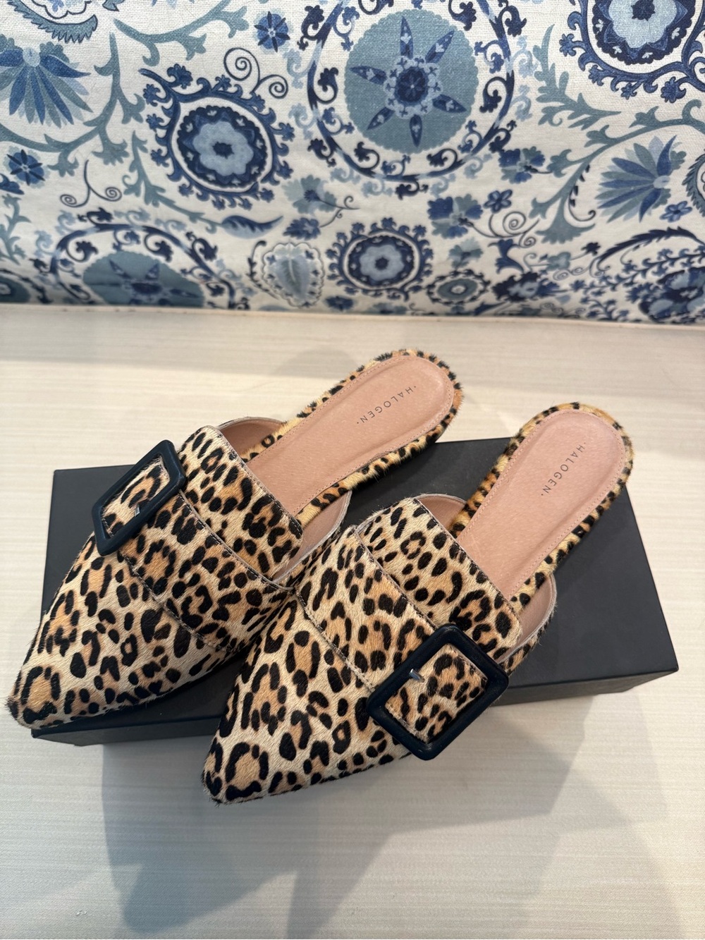 Halogen Leopard Calf Hair Buckle Pointed Toe Mules Flats Women’s